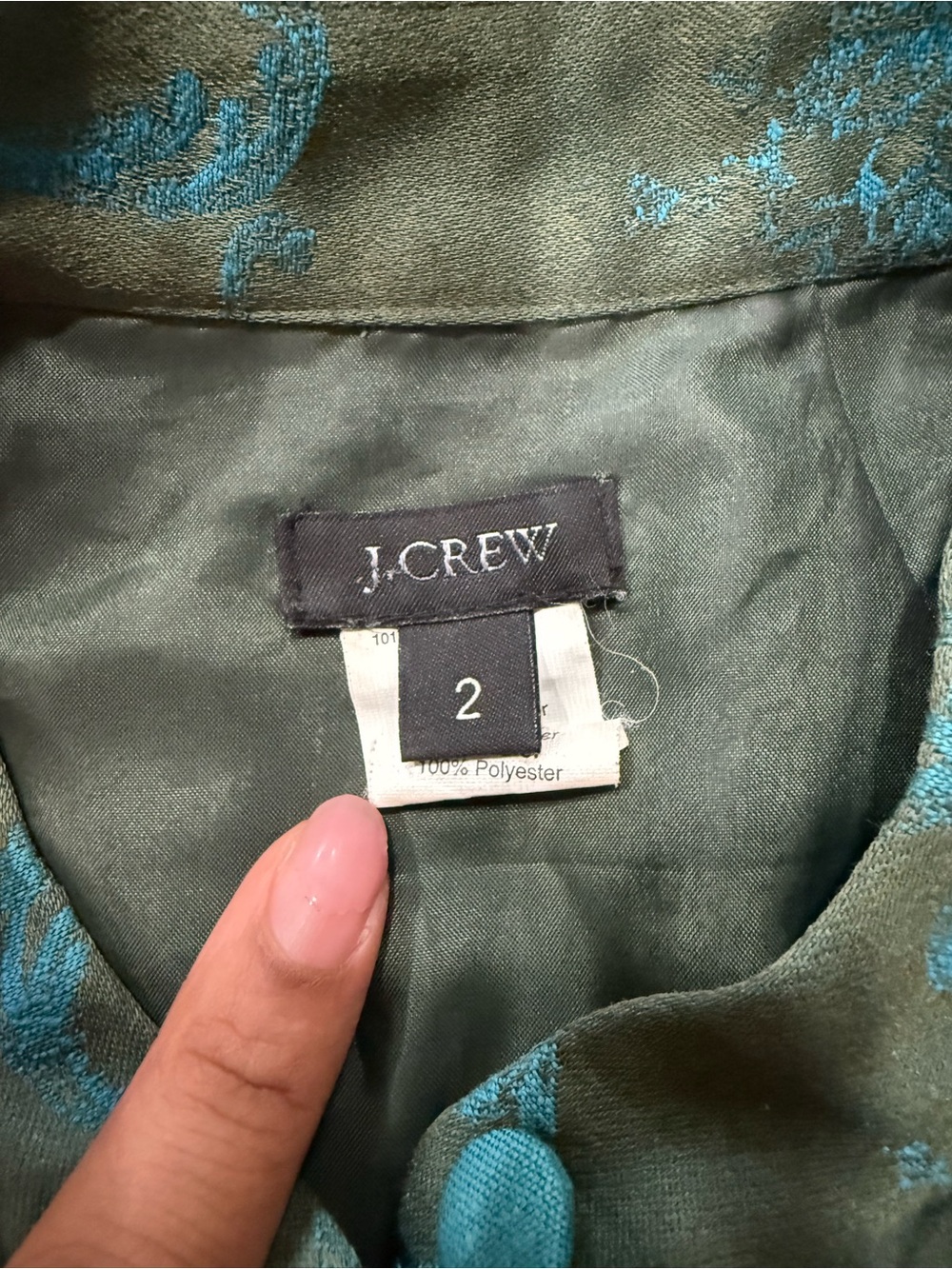 J. Crew Olive Green Dress with Teal Scroll Jacquard - Picture 3 of 3